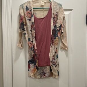 Floral Open Cardigan with Pink Tank Top
